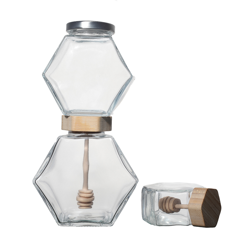 Jars de miel de verre hexagone de haute qualité avec des couvercles de bambou