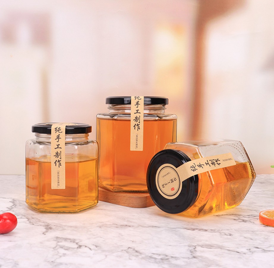 Bonnet Hexagon Verre Honey Jars 380ml 500ml en gros